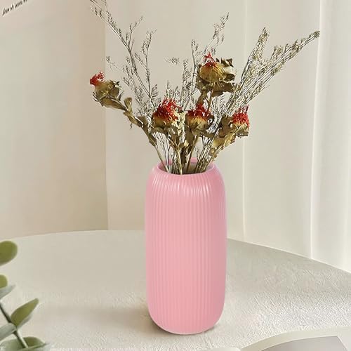 Ceramic Vase for Flowers – Modern Small Ribbed Textured Flower Vase for Home Decor, Pampas Grass, Decorative, Farmhouse, Coffee Table, Kitchen Centerpieces, Bookshelf and Home Living (Pink)