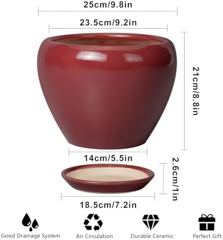 Ceramicfor 10 Inch Plant Pot, Ceramic Planter, Red