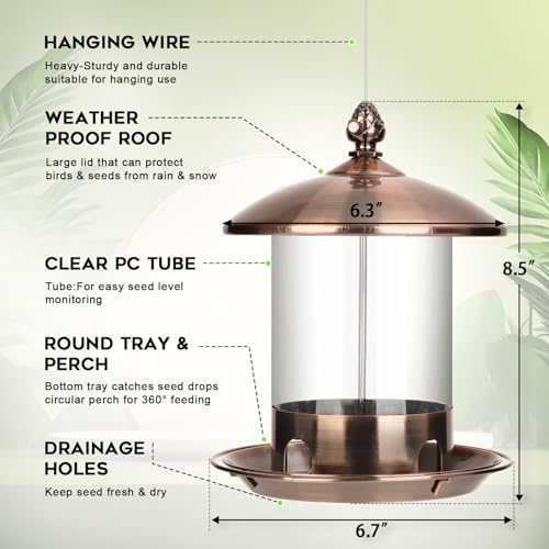 Gbekery Metal Bird Feeders for Outdoors Hanging, Weather Resistant Wild Bird Feeder with 360 Degree Feeding Tray, Copper