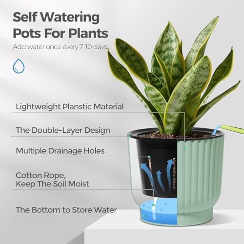 T4U Self Watering Pots for Indoor Plants, 4 Inch 6 Pack Planter Green