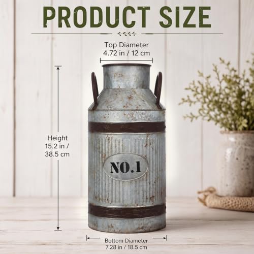 1 Pcs 15.2'' Large Rustic Galvanized Metal Milk Can Vase with Handle