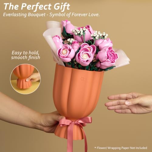 Bouquet Vase for Lego & Fresh Flowers - Flower Arrangement Vase with Grid & Ribbons, Impact Resistant, BPA-Free ABS Plastic, Home Decor Gift for Lego & Flower Lovers (Terracotta Orange)