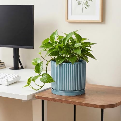 8 Inch Planter, Ceramic Pots for Plants with Saucer, Glaze Blue