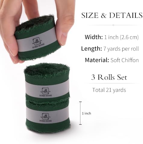 DORIS HOME Handmade Frayed Fringe Chiffon Ribbon 1" x 21Yd Dark Green