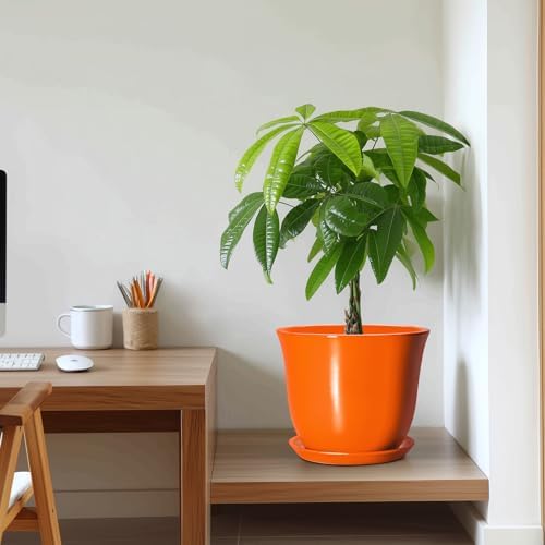 10 Inch Plant Pot, Ceramic Pots for Plants with Drainage, Orange