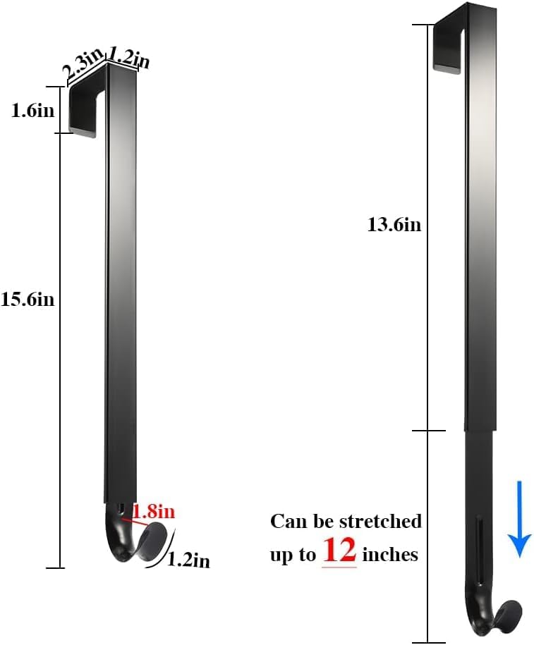 Linwnil 2 Pack Wreath Hanger Adjustable Length from 14 to 26 Inches Wreaths Holder Hook 20LB Heavy Duty for Front Door for Christmas Easter Halloween Decorations Wreath (Black 2pcs)