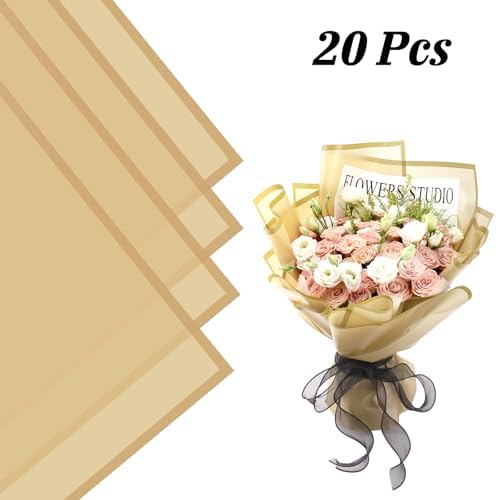 Rumvan Flower Wrapping Paper, 20 Sheets, Waterproof, Floral Bouquet Design, for Wedding, Birthday Gift, DIY Florist Supplies (Translucent white) (Translucent gold, 20 Sheets)
