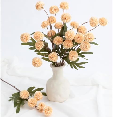 Laelfe Peach Artificial Flowers Pompon Mum, 5Pcs Fake Kiku Flowers Silk Small Mini Chrysanthemum Ball Faux Mum Decor for Filler DIY Bouquet Centerpieces Arrangements Shower (Peach)