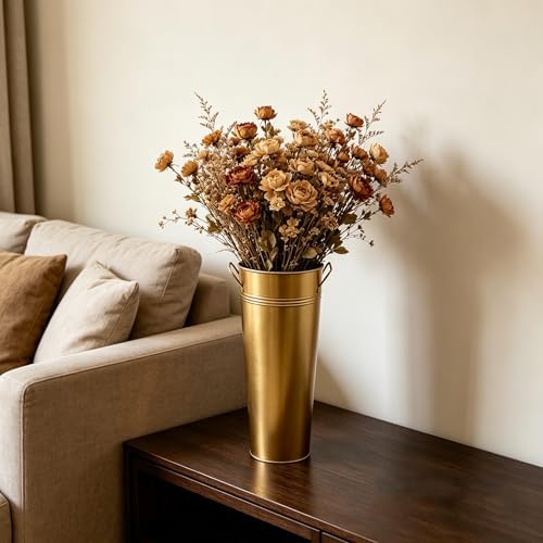Hosley Set of 2 Gold Metal French Bucket with Handles & PVC Liner, 6" Dia x 15" H for Weddings, Parties, Country Picnics, Floral Arrangements, Tableware Storage, or Gardens - Rustic Farmhouse Décor