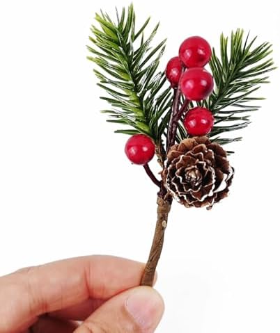 RONYOUNG 20PCS 4.5inch Red Berry Stems Pine Branches Evergreen Berries Décor Artificial Pine Cones Branch for Christmas Craft Wreath Pick & Winter Holiday