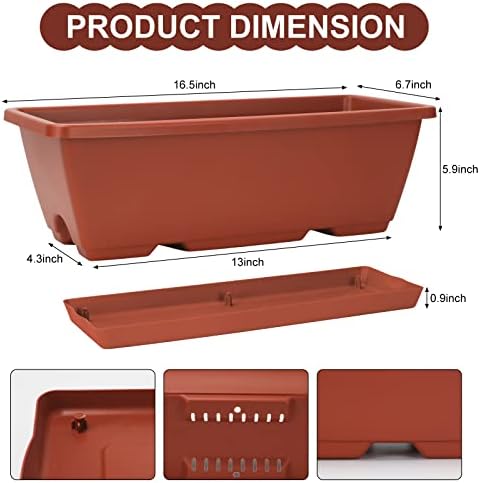 Window Box Planter, 6 Pcs 17" Flower Rectangle Planters Boxes Outdoor, Red