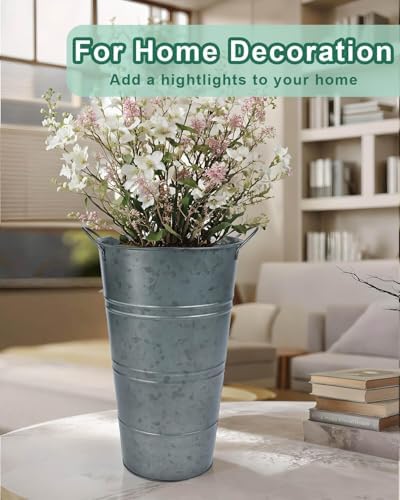 12 Inch Galvanized Metal Vase, 2 Pack Tall Flower Buckets with Handles