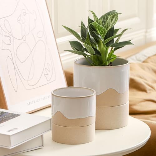 Nihow Self Watering Plant Pot: 4.5 Inch Ceramic Planter with Drainage Hole & Water Storage Plus for Indoor & Outdoor Plants - Cylinder Flower Pot for Herbs/Violets - White & Nature