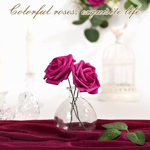 BLEUM CADE 16Pcs Artificial Flowers Fake Foam Roses with Stems for Wedding