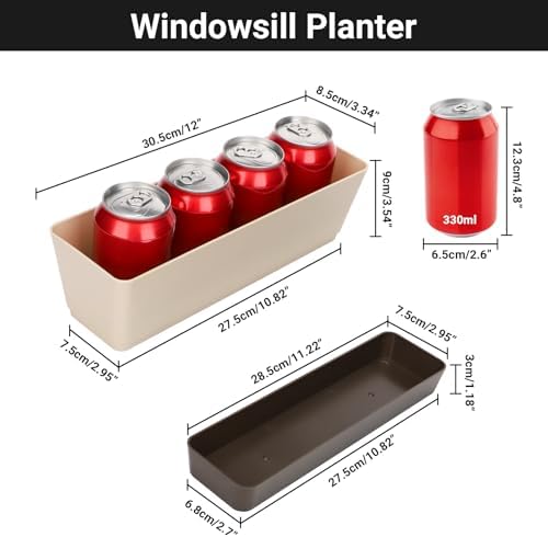 SUREAM 3 Pack Indoor Window Box Planter, 12x3.8 Inch Rectangle Herb Planter with Tray, Modern Small Succulent Cactus Flower Plastic Plant Pot for Window Sill, Garden Balcony, Office Shelf Decoration
