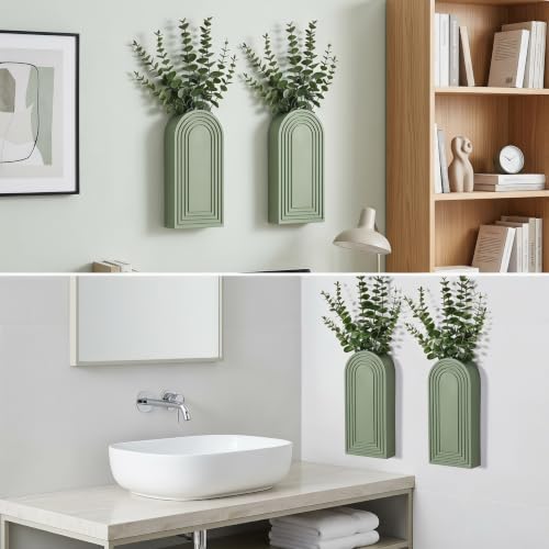 Dnnnii 2 Pack Wooden Wall Vase Set - Green Finish Modern Farmhouse & Boho Wall Decor for Entryway, Hallway, Bathroom, Living Room, Dining Room, Narrow Spaces