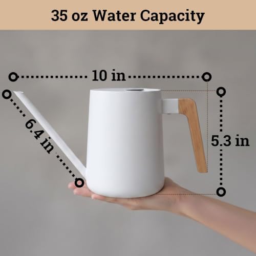 Metal Small Indoor Watering Can with Long Spout & Real Wood Handle, 35oz