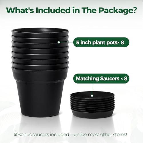 T4U Small Plant Pots 5 Inch 8 Pack, Plastic Indoor Flower Pots Saucer Black