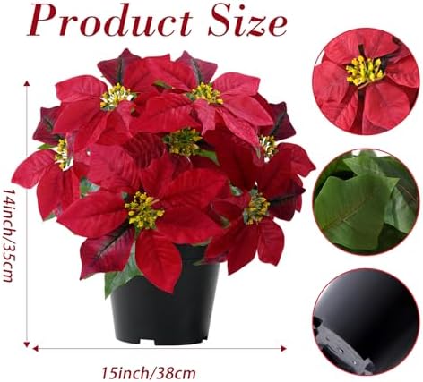 Artificial Poinsettia Plants Fake Christmas Flowers in Pot(Hot Red)