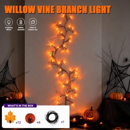 Halloween Willow Vine Branch Light, Pumpkin Maple Leaf Orange Light