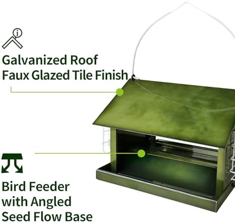 Solution4Patio Bird Feeders for Outdoors Hanging, All Metal, Double Suet Cake and Large Capacity, Hopper Tray & Weatherproof for Finch, Cardinal & Chickadee (Green)