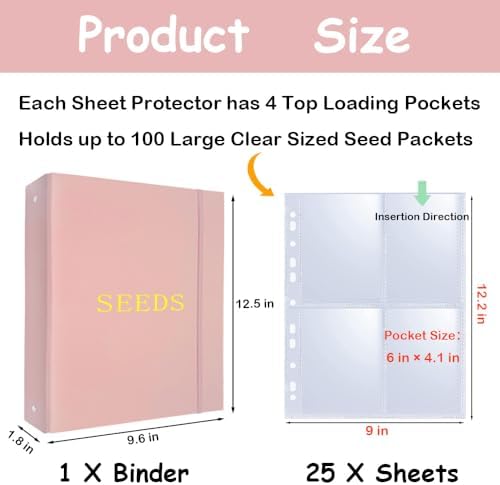 Seed Storage Organizer Binder,3 Ring Seed Packet Organizer with 100 Pockets