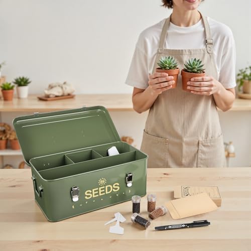 Metal Seed Storage Box with Safety Locks, Large 4-Compartment Seed Organizer Kit with 30 Envelopes, 30 Plant Labels & 5 Plastic Bottles1 Mark Pen, Lockable Seed Saving Bin for Gardeners