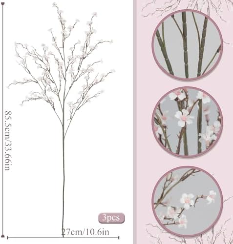 3 Pcs Cherry Blossom Branches Artificial Flowers for Spring Summer Indoor Decoration Faux Cherry Blossom Long Stems White Silk Fake Flowers for Tall Vase Arrangements Home Wedding Table