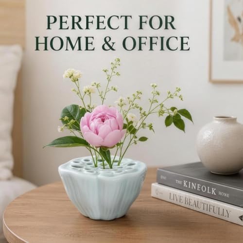 Light Cyan Ceramic Lotus Ikebana Vase 5.5 by 3 Inch