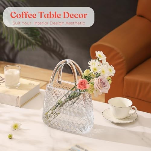 Purse Vase, Glass Bag Vase, Glass Purse Vase for Flowers, Clear Vases, 12 Inch Large Flower Vase with Embossed Pattern for Wedding, Living Room, Bedroom, Table, Office(Round)