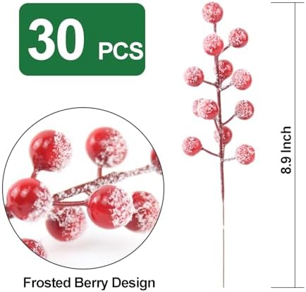 Feitore 30 Pack Snow Frosted Red Berry Stems 8.9" Holly Frosted Berry Picks Snowy Artificial Red Berries for Christmas Tree Filler Picks and Sprays Holiday DIY Crafts Christmas Decor