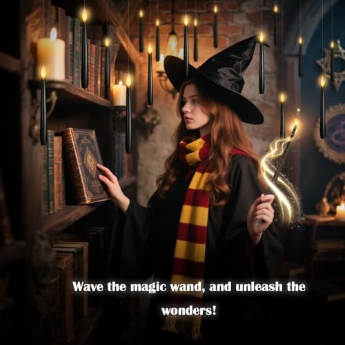 kakoya Flameless Floating Candles with Wand，12 Pcs Magic LED Hanging Taper Candles，Flickering Battery Operated Taper Candle with Wand Remote for Halloween Decorations Best Gift（Black）