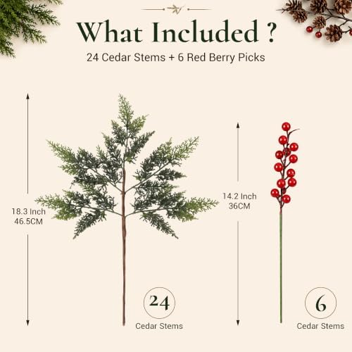 24 Artificial Christmas Cedar Branches, 17.5", with 6 Red Berry Picks