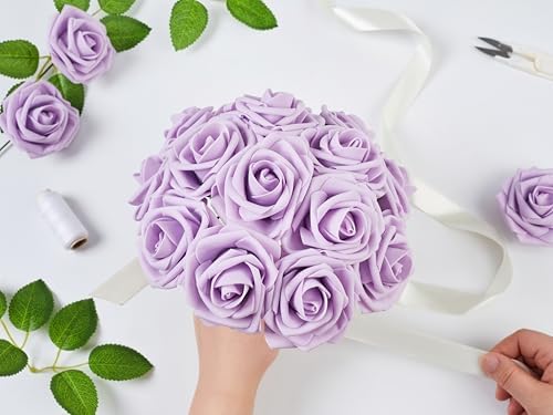 16 Pcs Purple Artificial Flowers, Fake Roses with Stems