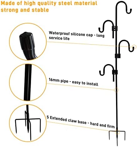 Shepards Hooks for Outdoor Adjustable Bird Feeder Pole with 5 Base Prongs 76 Inch Heavy Duty Garden Hanging Holder for Lanterns, Solar Lights, Bird Feeder, Wedding, Planter Pot-4 Hooks