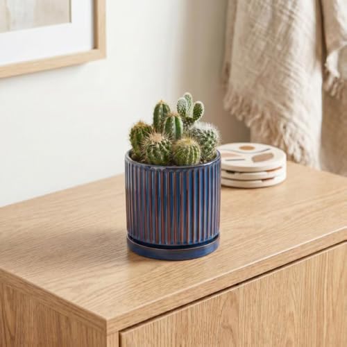 4 Inch Pots for Plants, Ceramic Plant Pots with Saucer, Retro Blue