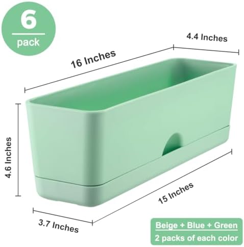 6 Pack Rectangle Planter 16 Inch Window Boxes Planters Rectangular Window Sill Planters Indoor Self Watering Plant Pots with Drainage Holes and Saucers Succulent Herb Flower Pots, Macaron Color