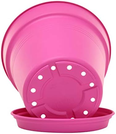 Mintra Garden Pots, 4 Pack Bulk Plastic Plant Pots with Drainage Tray, Round Indoor & Outdoor Decorative Planters with Drain Holes for Flowers, Herbs & Plants, 11cm Diameter – Fuchsia, 4.3 in