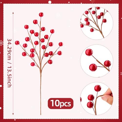 10 Pcs Artificial Red Berries Stem 13.5" Christmas Faux Pomegranate