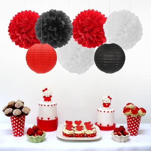 Red-Black White Party-Decorations Paper Flowers Lanterns - 15PCS Halloween Birthday Tissue Pom Poms Streamers,Wedding Baby Bridal Shower Hanging Supplies Decor Hugfond