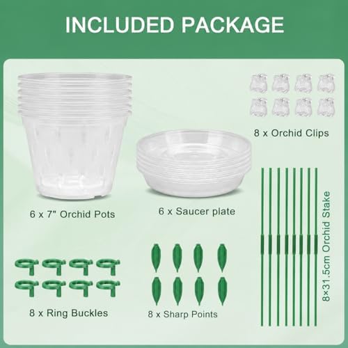 Orchid Pot -6 Pack 7 Inch Orchid Pots with Holes and Saucers, Clear Plastic Plant Pots with 8 Support Stakes and Clips, Orchid Repotting Kit for Indoor Plants (7 Inch)