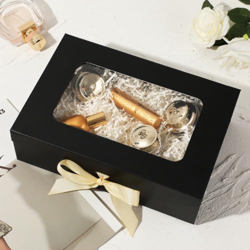 5 Pcs Black Gift Box for Presents with Ribbon 10.8x7.5x3.5 Inches Clear Gift Box with Window Magnetic Closure Gift Boxes with Lids