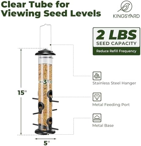 Kingsyard Metal Bird Feeders for Outdoors Hanging, Tube Bird Feeder with 6 Feeding Ports, 15 Inch, Chew-Proof & Weatherproof, Black (Pack of 2)