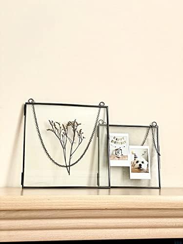 Glass Frame for Pressed Flowers, Leaf and Artwork - 8x8 Black Hanging Square Metal Picture Frames, Clear Double Glass Floating Frame, Wall Decor Photo Display, Set of 2 Flower Press Frames with Chain