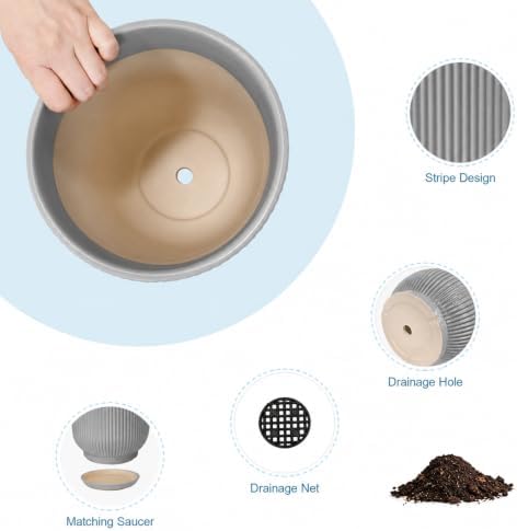 Deep Dream 10 Inch Ceramic Pots for Plants, Heavy Plant Pot for Indoor Outdoor Plants, Large Plant Pot with Drainage Hole and Saucer, Modern Tall Flower Pot, Gifts for Plant Lovers, Grey