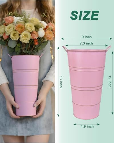 12 Inch Galvanized Metal Vase, 6 Pack Tall Flower Buckets with Handles