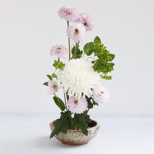 Wazakura Minoyaki Series Japanese Ikebana Essential Tool Kit - Small Round Ceramic Flower Vase and Kenzan Pin Frog for Floral Arranging (White Stripe and Terracotta Vase + 2in (61mm) Brass Kenzan)