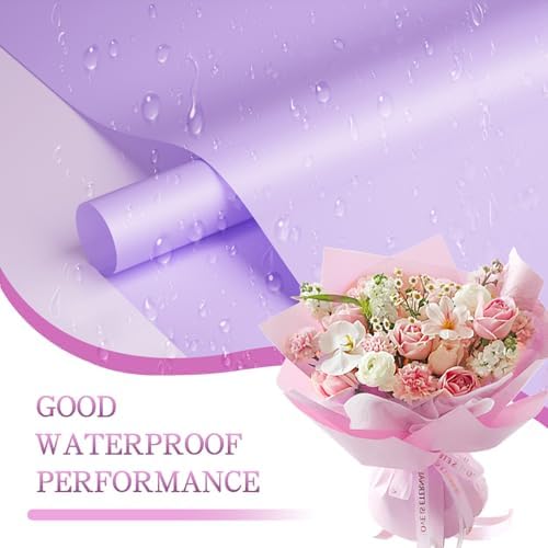 REAXYZNN 20 Sheets Flower Wrapping Paper, Waterproof Floral Bouquet Wrapping Paper with Cards for DIY Craft, Florist Packaging Supplies for Birthday, Wedding, Valentine's Day Gift (Light purple)