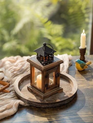 Hanobe Round Wooden Candle Holder Trays for Coffee Table, Distressed Finish