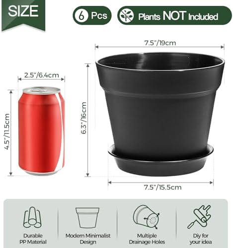 T4U 7.5 Inch Plant Pots 6 Pcs, Flower Pots for Indoor Plants Plastic Pots for Plants with Drainage Holes and Saucer, Planters for Indoor Plants for House Cactus Succulent Black